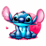 Desenho colorido do personagem Stitch, do filme Lilo & Stitch, sentado em uma posição fofa com orelhas grandes e olhos expressivos, cercado por elementos rosa e corações, transmitindo uma sensação de carinho e amizade.