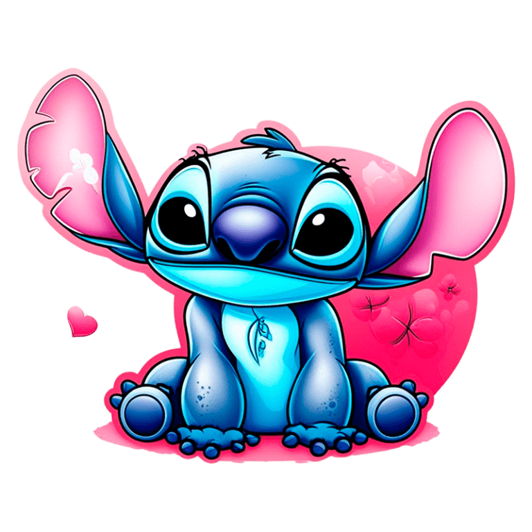 Desenho colorido do personagem Stitch, do filme Lilo & Stitch, sentado em uma posição fofa com orelhas grandes e olhos expressivos, cercado por elementos rosa e corações, transmitindo uma sensação de carinho e amizade.