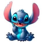 Personagem animado Stitch, da Disney, com grandes orelhas, sorrindo e fazendo um gesto pensativo, sentado com as patas dianteiras para cima em um fundo colorido.