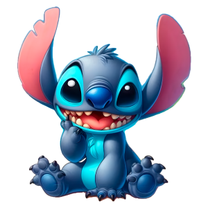 Personagem animado Stitch, da Disney, com grandes orelhas, sorrindo e fazendo um gesto pensativo, sentado com as patas dianteiras para cima em um fundo colorido.