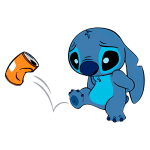 Stitch chutando uma lata de refrigerante laranja. A imagem transmite uma sensação de brincadeira e descontração. Ideal para representar temas de animação e entretenimento infantil.
