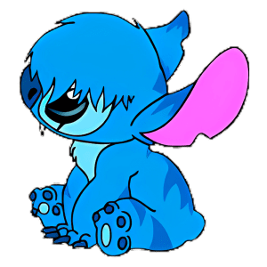 Ilustração do Stitch sentado e com expressão amigável. O personagem possui uma pelagem azul e detalhes em rosa nas orelhas. Ideal para temas de criatividade e design.