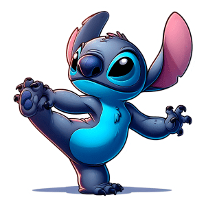 Stitch posando em uma posição de luta, destacando seus olhos expressivos e corpo ágil. Ideal para temas de criatividade e aventura.