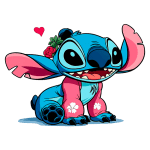 Personagem Stitch de Lilo & Stitch, com pelagem azul e rosa, exibindo um sorriso alegre, usando flores na cabeça e com um coração vermelho ao fundo. Ideal para fãs de animações e produtos licenciados.