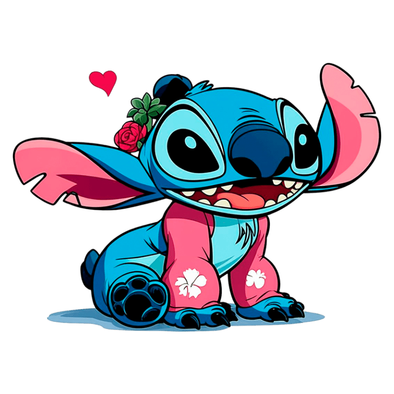 Personagem Stitch de Lilo & Stitch, com pelagem azul e rosa, exibindo um sorriso alegre, usando flores na cabeça e com um coração vermelho ao fundo. Ideal para fãs de animações e produtos licenciados.