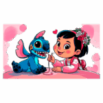 Lilo com vestido tradicional, segurando uma agulha, de frente ao Stitch com asas e orelhas grandes, em um fundo colorido com corações e formas abstratas.