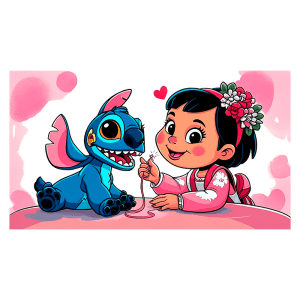 Lilo com vestido tradicional, segurando uma agulha, de frente ao Stitch com asas e orelhas grandes, em um fundo colorido com corações e formas abstratas.