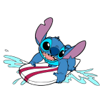 Stitch surfando em uma prancha com um grande sorriso, levantando respingos de água. Personagem icônico da Disney da animação "Lilo & Stitch".