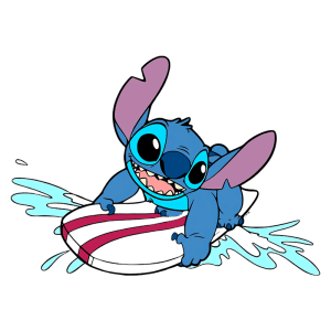 Stitch surfando em uma prancha com um grande sorriso, levantando respingos de água. Personagem icônico da Disney da animação "Lilo & Stitch".