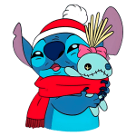 Stitch, personagem de desenho animado, vestindo um gorro de Natal e um cachecol vermelho, abraçando um boneco de pelúcia com uma fita rosa. Fundo verde.
