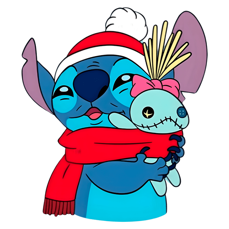Stitch, personagem de desenho animado, vestindo um gorro de Natal e um cachecol vermelho, abraçando um boneco de pelúcia com uma fita rosa. Fundo verde.