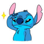 Personagem de desenho animado Stitch, com pele azul e orelhas longas, olhando pensativo e coçando a cabeça, acompanhado de um brilho ao lado.