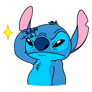 Personagem de desenho animado Stitch, com pele azul e orelhas longas, olhando pensativo e coçando a cabeça, acompanhado de um brilho ao lado.