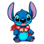 Personagem Stitch, de pelagem azul, com grandes orelhas, sorrindo e usando um colar de flores tropicais. Ideal para fãs de animações e cultura pop.