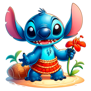 Stitch vestido com uma faixa laranja, em uma praia com uma palmeira e um tronco de coco. Ideal para temas de amizade e aventuras.