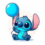 Stitch sentado e segurando um balão azul. O fundo é suave com estrelas pequenas, criando um ambiente lúdico e alegre.