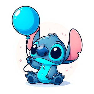 Stitch sentado e segurando um balão azul. O fundo é suave com estrelas pequenas, criando um ambiente lúdico e alegre.
