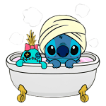 Desenho animado de Stitch, um personagem azul, e uma abacaxi com um laço rosa relaxando em uma banheira com água rosa e vapor, transmitindo uma sensação de diversão e descontração.