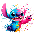 Imagem divertida e colorida de um personagem estilizado parecido com Stitch, da Disney, com uma mistura vibrante de azul e rosa, cercado por explosões de tinta colorida. Ideal para ilustrações e designs para fãs de animação.
