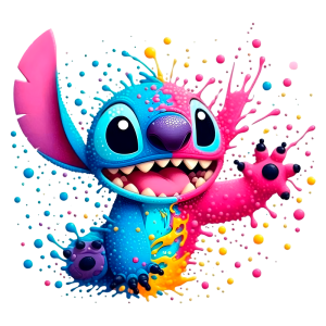 Imagem divertida e colorida de um personagem estilizado parecido com Stitch, da Disney, com uma mistura vibrante de azul e rosa, cercado por explosões de tinta colorida. Ideal para ilustrações e designs para fãs de animação.