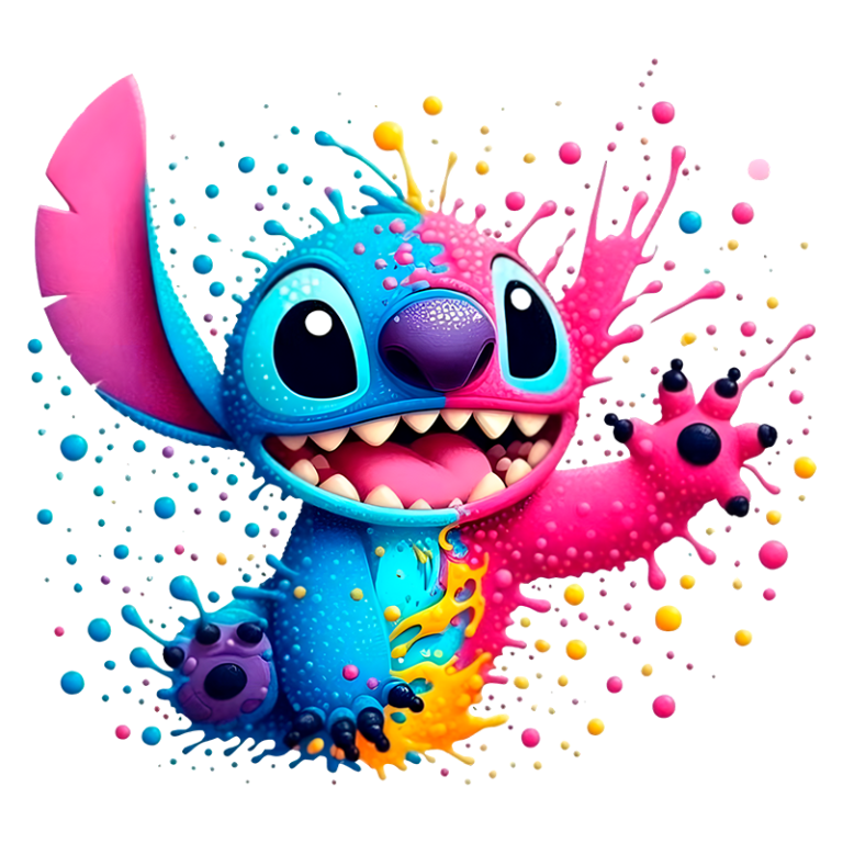 Imagem divertida e colorida de um personagem estilizado parecido com Stitch, da Disney, com uma mistura vibrante de azul e rosa, cercado por explosões de tinta colorida. Ideal para ilustrações e designs para fãs de animação.