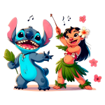 Stitch e Lilo, personagens icônicos do filme da Disney, dançando alegremente em cenário tropical, acompanhados de flores e notas musicais.