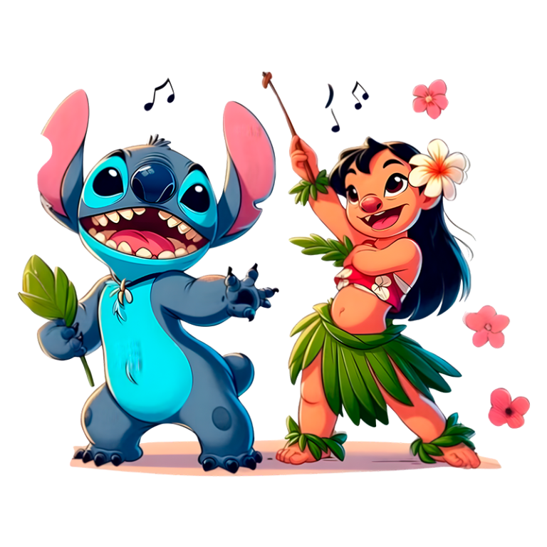 Stitch e Lilo, personagens icônicos do filme da Disney, dançando alegremente em cenário tropical, acompanhados de flores e notas musicais.
