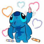 Stitch desenhando corações coloridos, representando criatividade e diversão. Ideal para temas de arte e desenho.