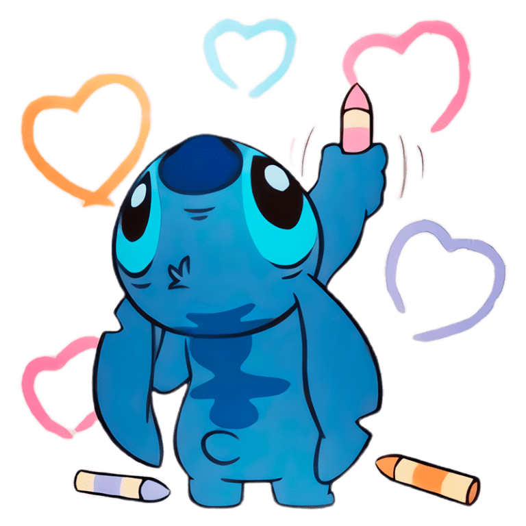 Stitch desenhando corações coloridos, representando criatividade e diversão. Ideal para temas de arte e desenho.