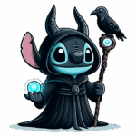 Stitch com chifres, vestindo um manto preto, segurando um bastão com um corvo em cima e uma esfera de luz em sua mão. Ideal para temas de fantasia e magia.