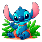 Stitch vestindo um roupão laranja e colar de pérolas. O personagem tem grandes orelhas e olhos brilhantes, fazendo um gesto amigável com a mão. Ideal para fãs de animação e ilustrações divertidas.
