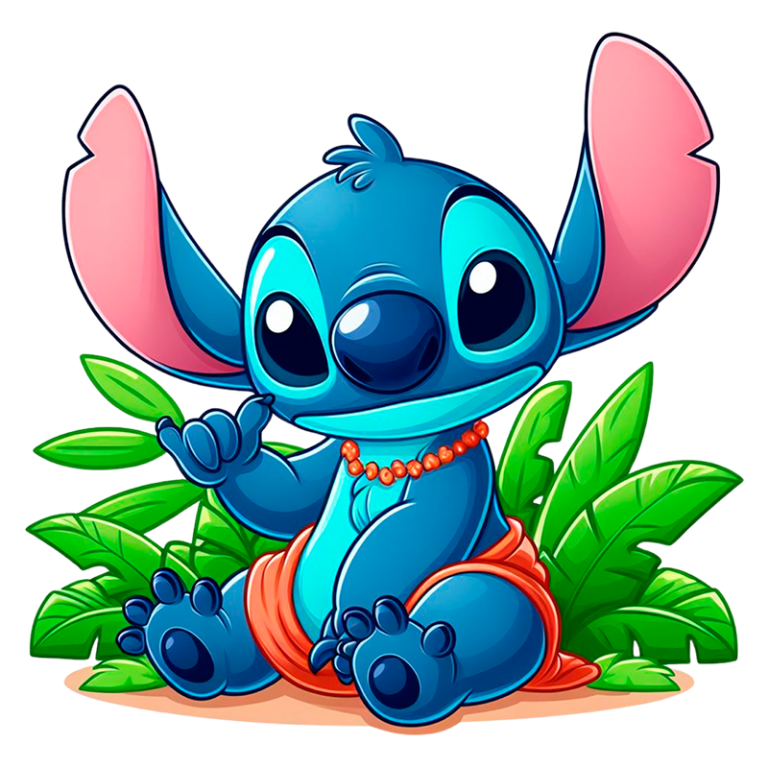 Stitch vestindo um roupão laranja e colar de pérolas. O personagem tem grandes orelhas e olhos brilhantes, fazendo um gesto amigável com a mão. Ideal para fãs de animação e ilustrações divertidas.