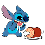 Stitch, personagem azul de um desenho animado, está animado e lambendo a boca enquanto se prepara para devorar um pedaço de carne com um osso, destacando sua natureza divertida e travessa.