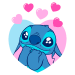 Ilustração do personagem Stitch do filme "Lilo & Stitch", com um fundo em forma de coração colorido e corações flutuantes, expressando um sentimento alegre e amoroso.