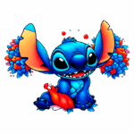 Stitch sentado segurando uma folha vermelha, cercado por flores coloridas. Ideal para a temática de arte digital e personagens de animação.