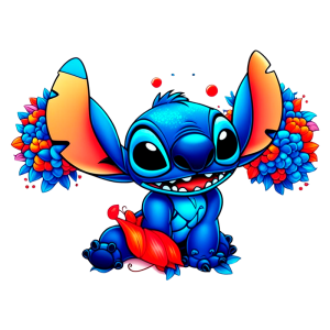 Stitch sentado segurando uma folha vermelha, cercado por flores coloridas. Ideal para a temática de arte digital e personagens de animação.