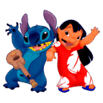 Stitch e Lilo, personagens de "Lilo & Stitch", sorrindo e se divertindo, com Stitch segurando um ukulele.