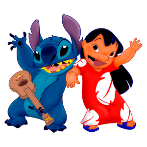 Stitch e Lilo, personagens de "Lilo & Stitch", sorrindo e se divertindo, com Stitch segurando um ukulele.