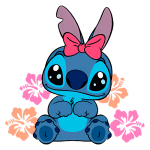 Stitch com laço rosa na cabeça, sentado entre flores de hibisco coloridas, representando um estilo fofo e alegre. Ideal para fãs de animações e cultura pop.