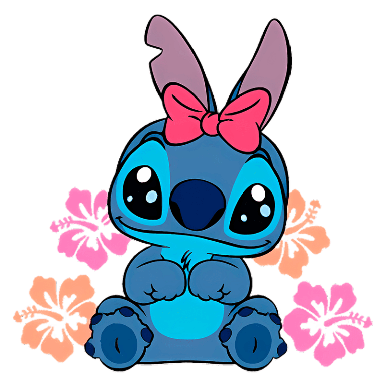Stitch com laço rosa na cabeça, sentado entre flores de hibisco coloridas, representando um estilo fofo e alegre. Ideal para fãs de animações e cultura pop.