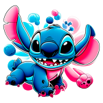 Imagem de Stitch, personagem icônico da Disney, em estilo vibrante e colorido. Ele possui pele azul, orelhas grandes e um sorriso largo, cercado por bolhas de cores variadas em um fundo verde. Ideal para ilustrar temas de animações e cultura pop.