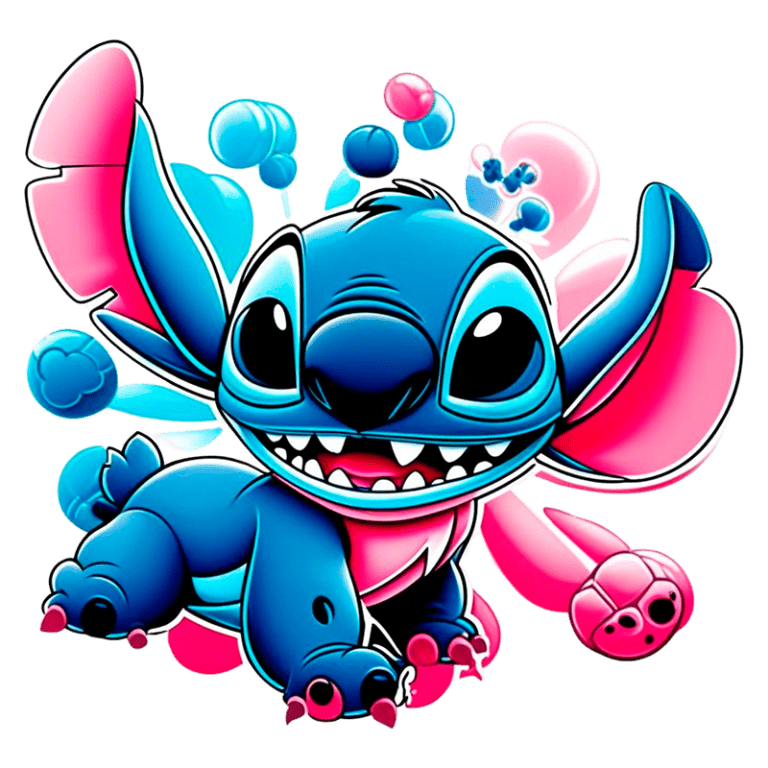 Imagem de Stitch, personagem icônico da Disney, em estilo vibrante e colorido. Ele possui pele azul, orelhas grandes e um sorriso largo, cercado por bolhas de cores variadas em um fundo verde. Ideal para ilustrar temas de animações e cultura pop.