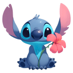 Stitch segurando uma flor rosa, sentado em um fundo verde. Ideal para temas de amizade e natureza.