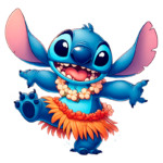 Desenho animado do personagem Stitch, um extraterrestre azul, sorridente, vestindo uma saia de flores tropicais e colar de flores, em uma pose divertida e alegre. Ideal para temas de amizade e aventura.