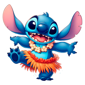 Desenho animado do personagem Stitch, um extraterrestre azul, sorridente, vestindo uma saia de flores tropicais e colar de flores, em uma pose divertida e alegre. Ideal para temas de amizade e aventura.
