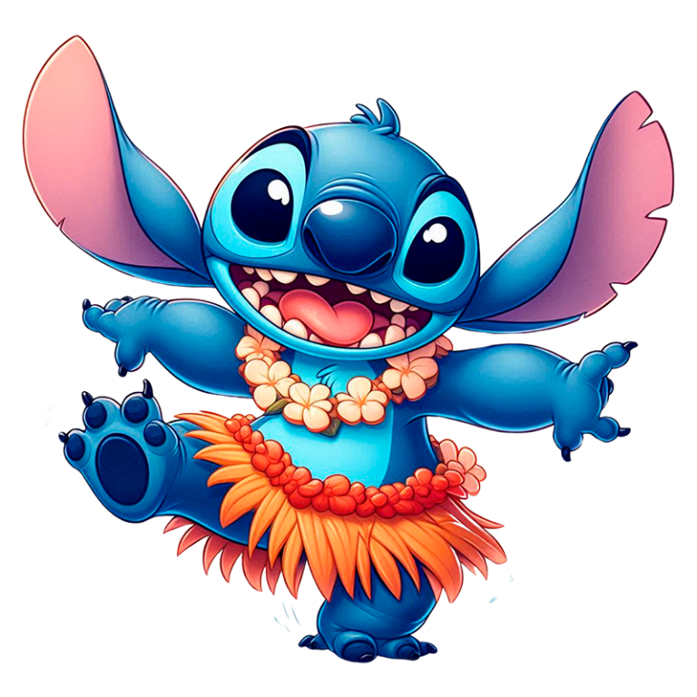 Desenho animado do personagem Stitch, um extraterrestre azul, sorridente, vestindo uma saia de flores tropicais e colar de flores, em uma pose divertida e alegre. Ideal para temas de amizade e aventura.