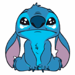 Personagem animado Stitch, da Disney, sentado com expressão triste e lágrimas nos olhos. Ele tem pele azul, orelhas longas e pelagem rosa nas orelhas, refletindo um momento de vulnerabilidade. Ideal para ilustrar temas de emoções e nostalgia.