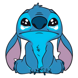 Personagem animado Stitch, da Disney, sentado com expressão triste e lágrimas nos olhos. Ele tem pele azul, orelhas longas e pelagem rosa nas orelhas, refletindo um momento de vulnerabilidade. Ideal para ilustrar temas de emoções e nostalgia.