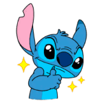 Personagem Stitch, de cor azul, exibindo um gesto de aprovação com o polegar para cima, cercado por estrelas brilhantes.