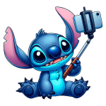 Personagem Stitch segurando um celular com um bastão de selfie, sorrindo e posando de maneira divertida.